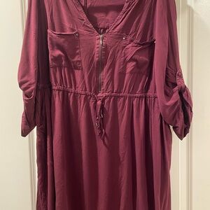 Maroon Ruched Tie Front Sundress with Cuffed Sleeves